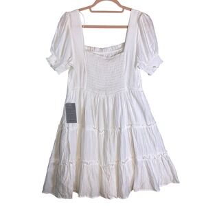 MINE White Tiered Mini Dress Square Neck Puff Sleeve Smocked Back size Largearge
